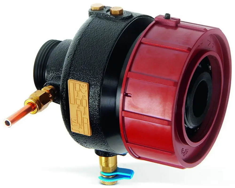 Differenzdruckregler in schwarzem Metall mit roter Kunststoffabdeckung und Messanschluss, produziert von IMI Hydronic Engineering.